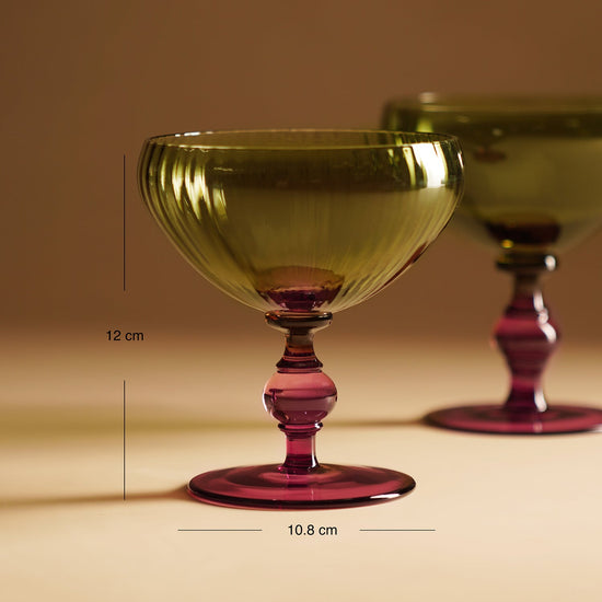 Set of 2 Green & Burgundy Rosavera Ribbed Texture Champagne Coupes