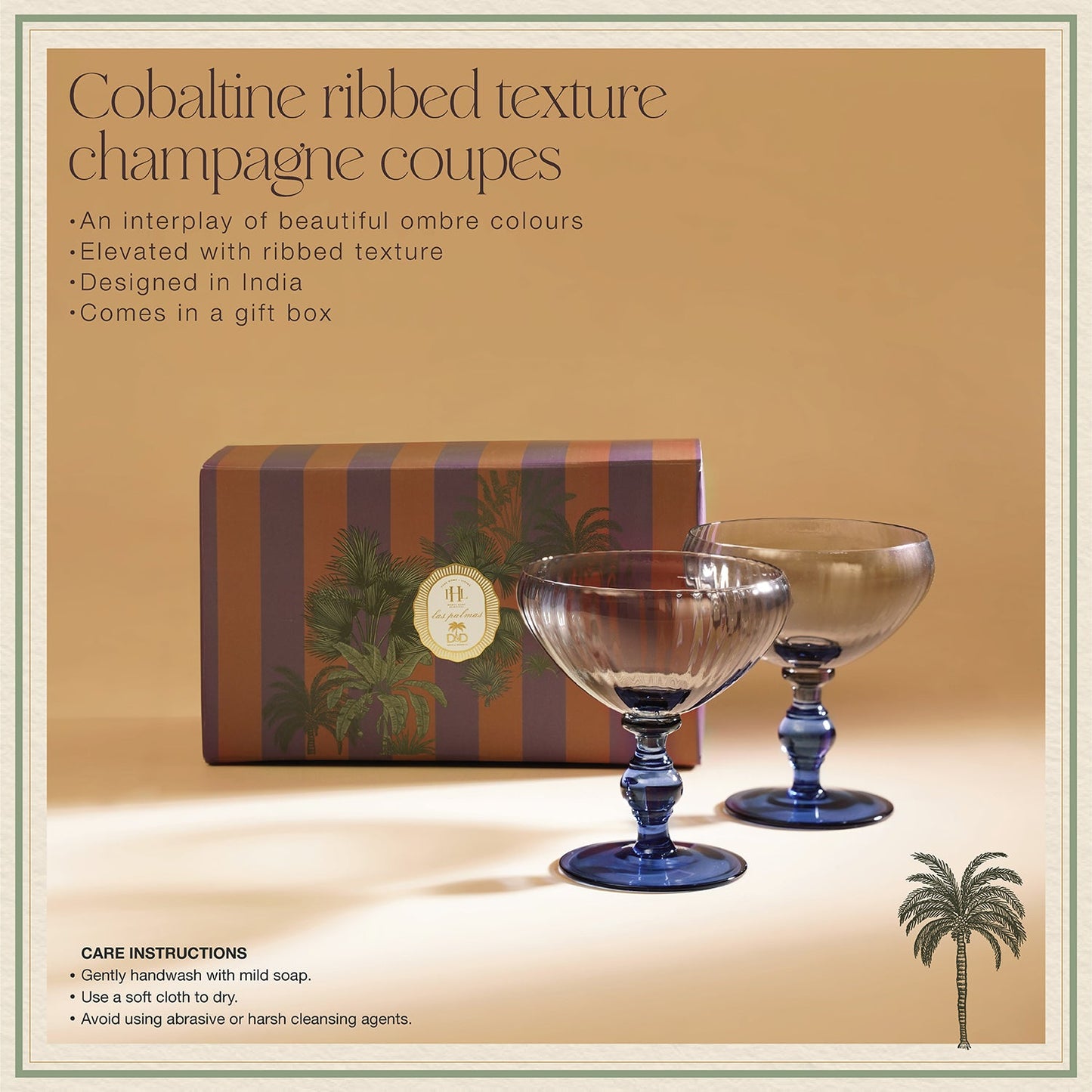 Set of 2 Blue & Grey Cobaltine Ribbed Texture Champagne Coupes