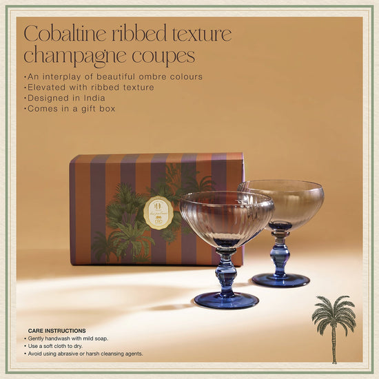 Set of 2 Blue & Grey Cobaltine Ribbed Texture Champagne Coupes