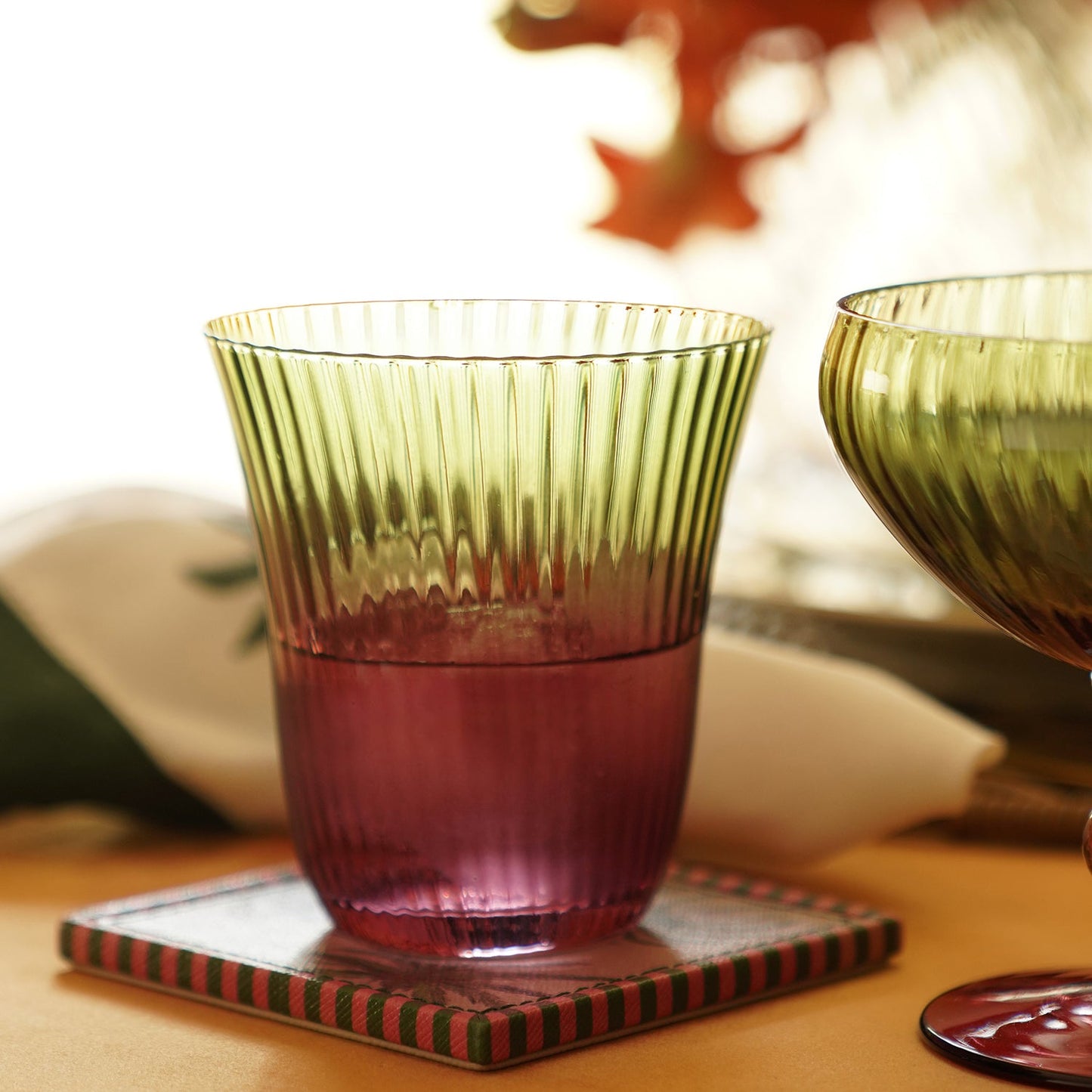 Set of 2 Green & Burgundy Rosavera Ribbed Texture Drinking Glasses