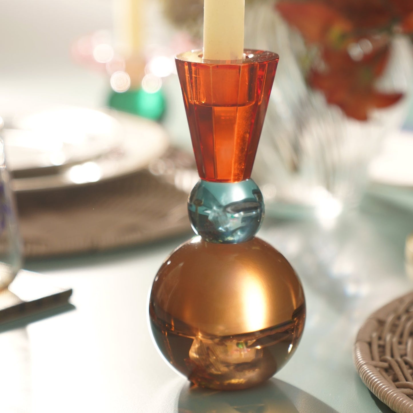 Orange Three Tone Cut Glass Candle Holder