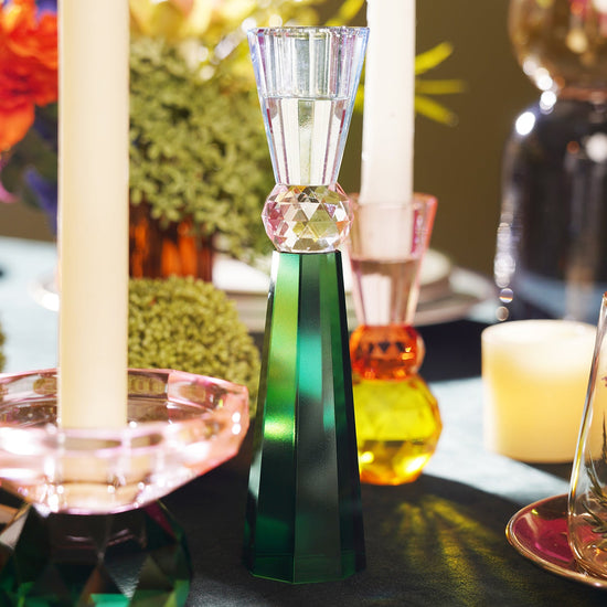 Green Three Tone Cut Glass Candle Holder