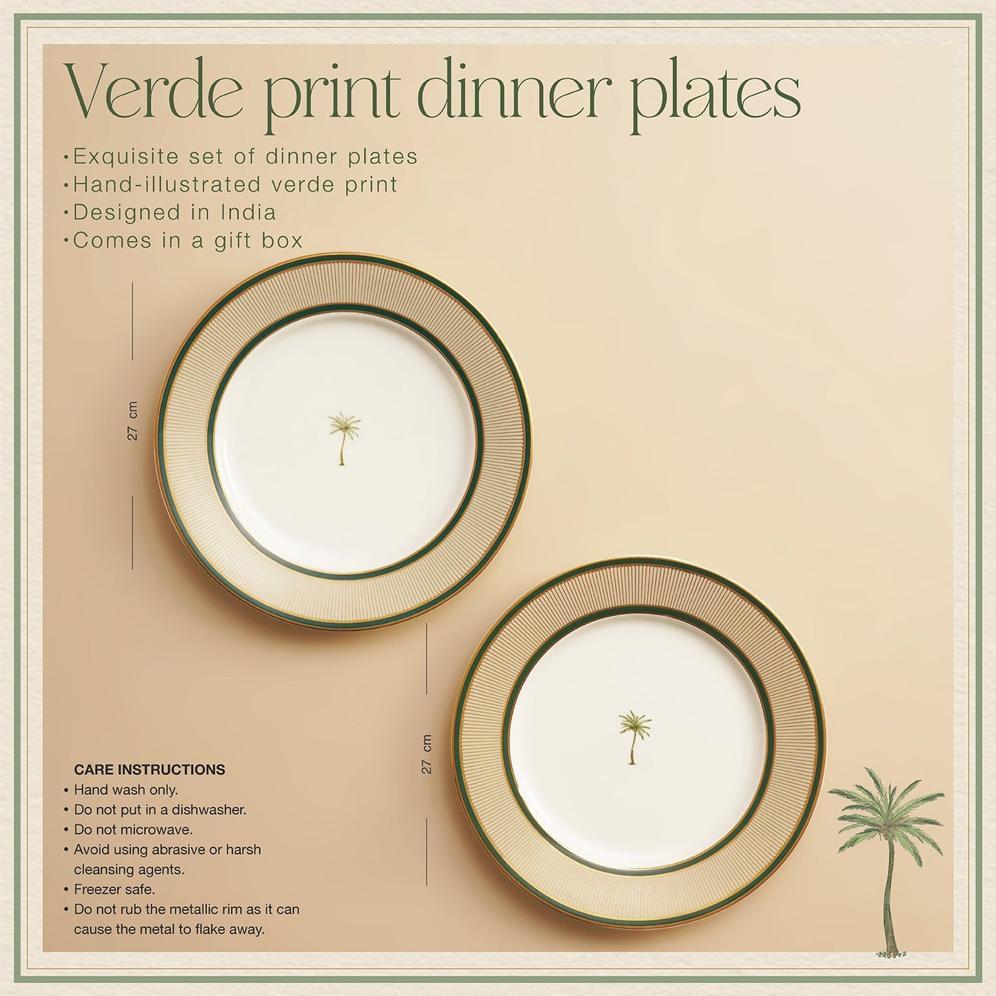 Set of 2 Beige & Green Verde Print Porcelain Dinner Plates