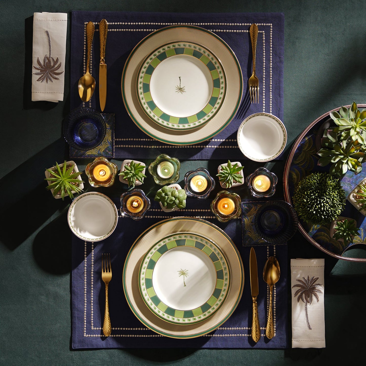 Set of 2 Beige & Green Verde Print Porcelain Dessert Plates