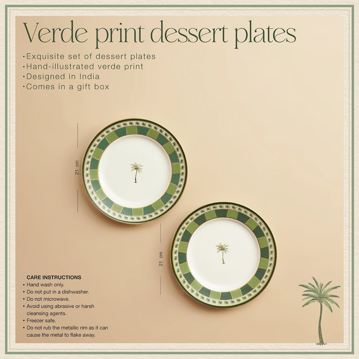 Set of 2 Beige & Green Verde Print Porcelain Dessert Plates