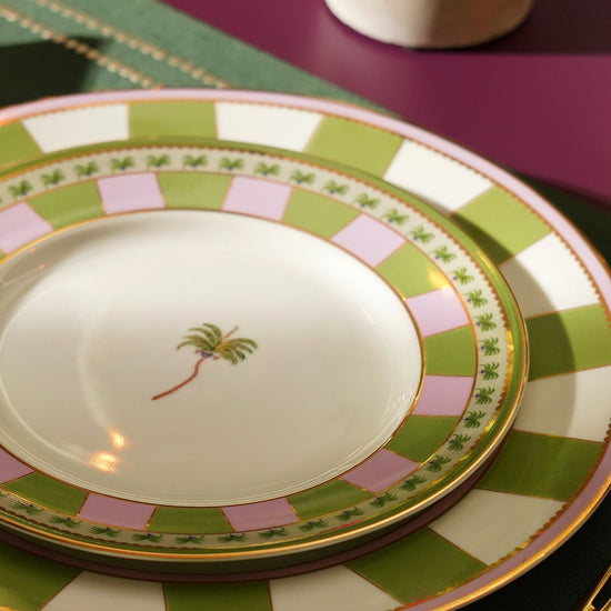 Set of 2 Pink & Green Palmera Print Porcelain Dinner Plates