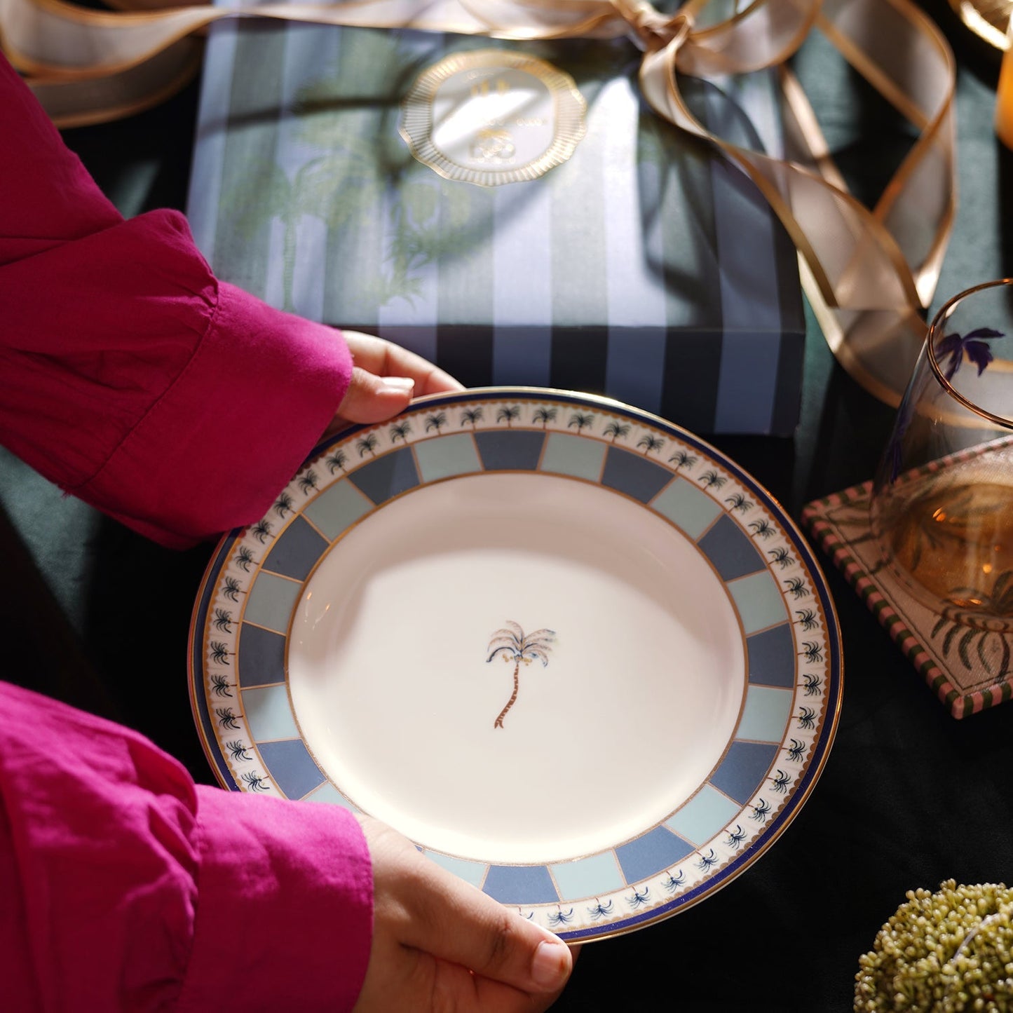 Set of 2 Blue Palmetto Print Porcelain Dessert Plates