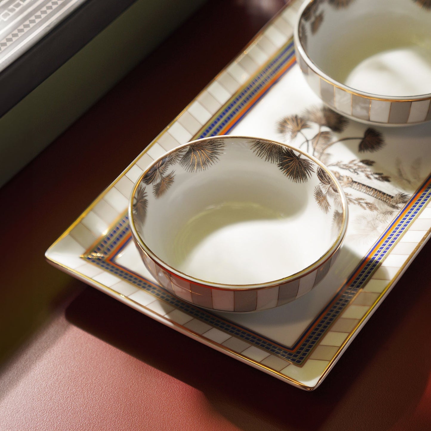 Beige & White Palmier Print Rectangular Porcelain Tray with Bowls