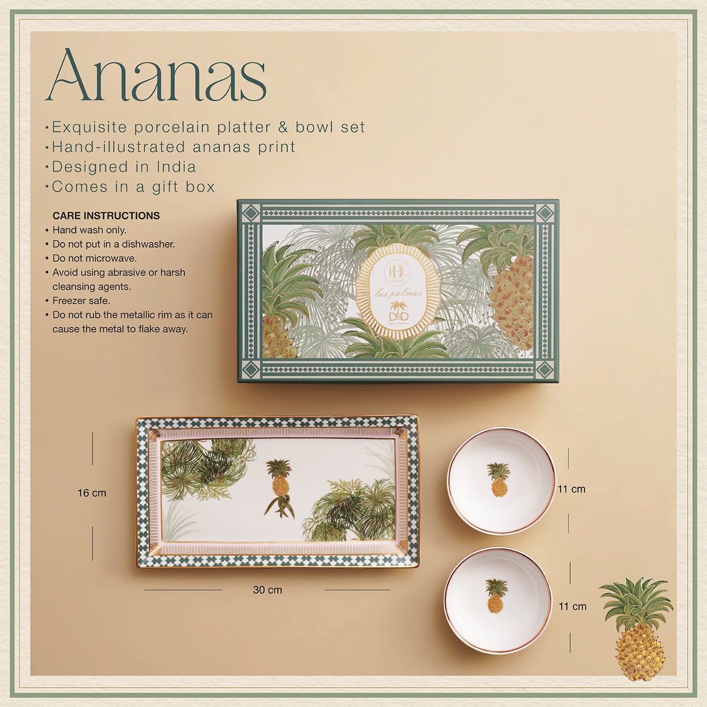 Multicoloured Ananas Print Rectangular Porcelain Tray with Bowls