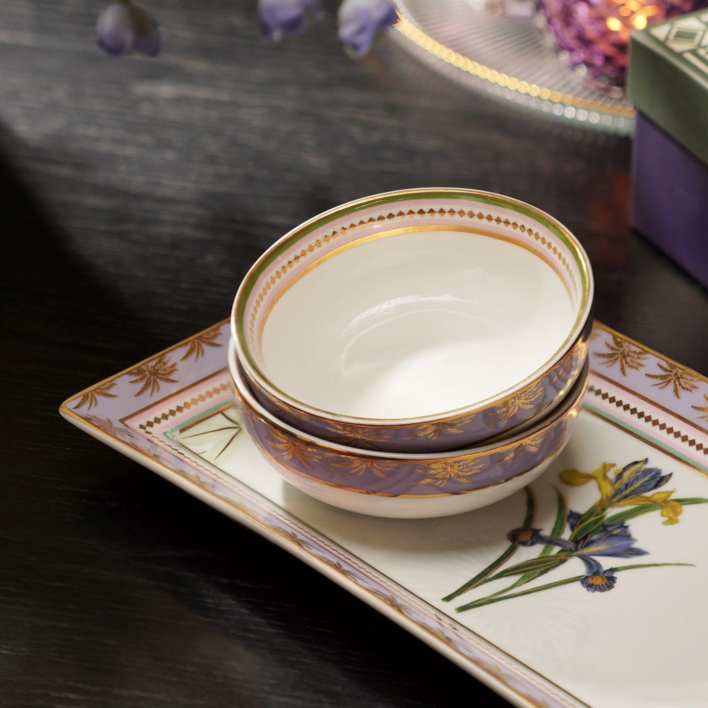 Lilac & White Gardenia Print Rectangular Porcelain Tray with Bowls