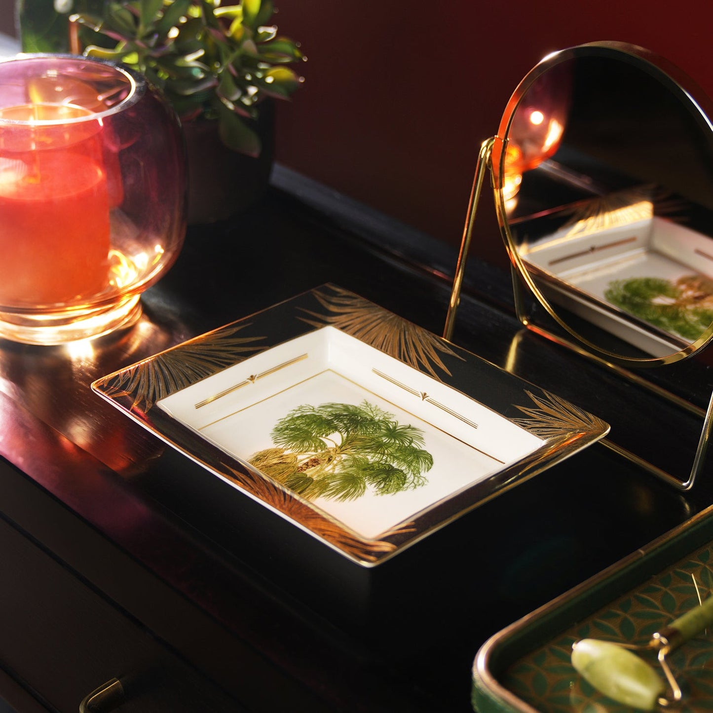 Black & Gold Palm Print Porcelain Trinket Tray