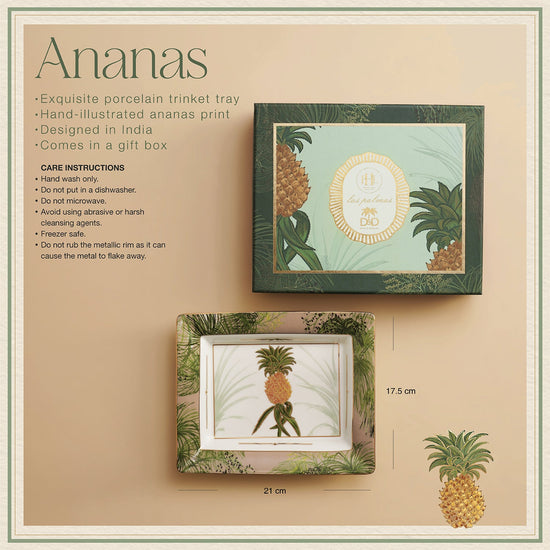 Beige & Green Ananas Print Porcelain Trinket Tray