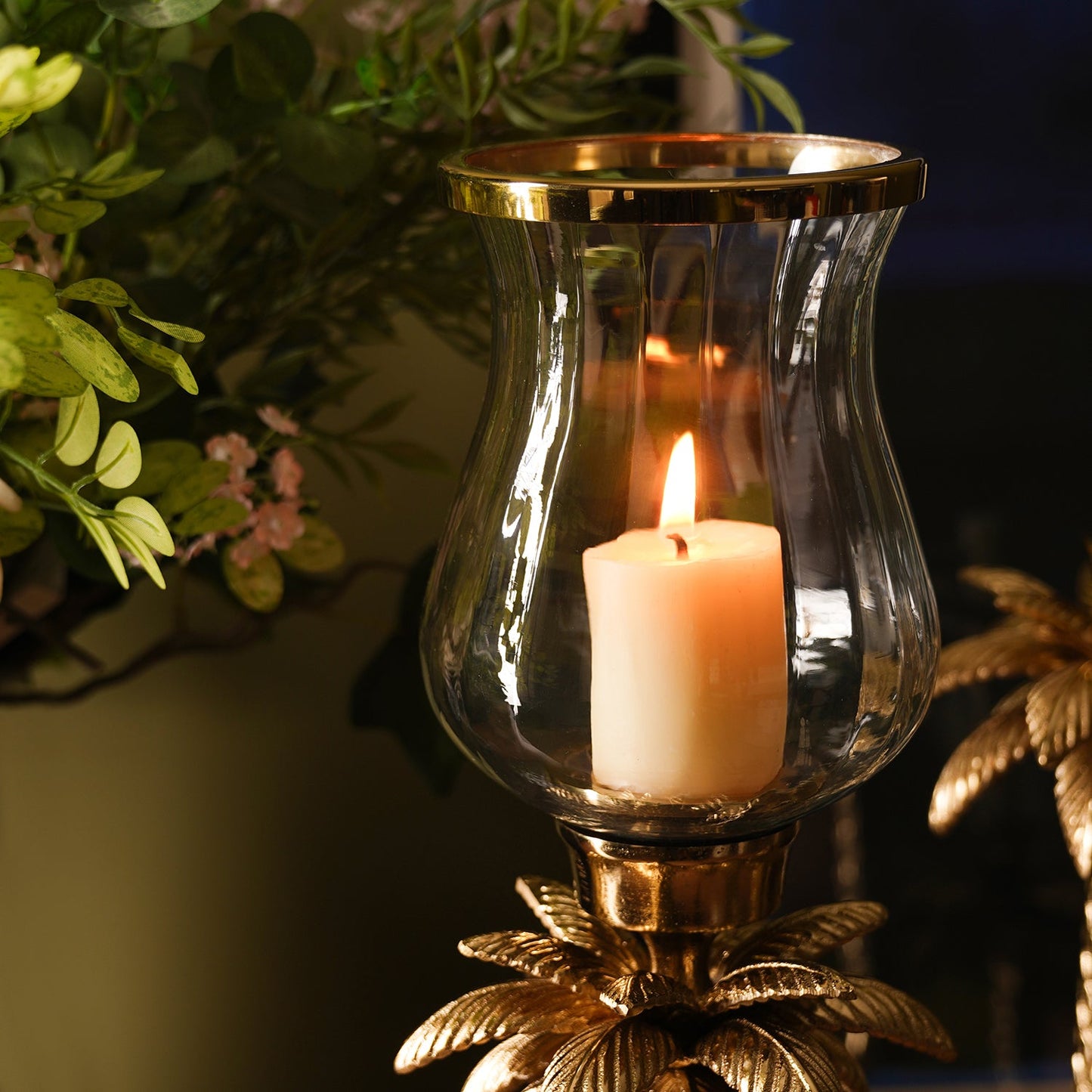 Clear & Gold Palm Hurricane Candle Holder